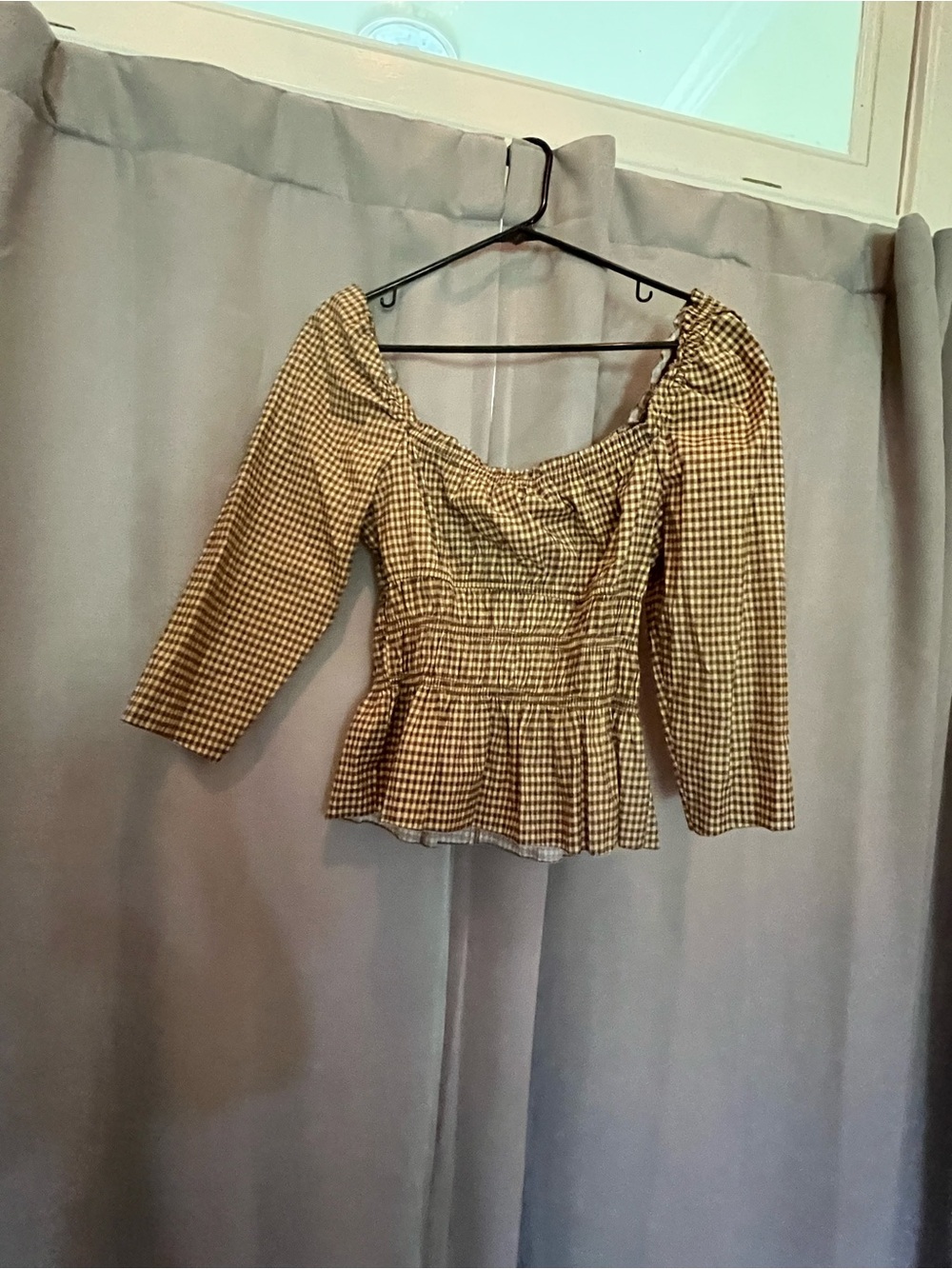 Reformation Brown Gingham Smocked Peplum Top View 4